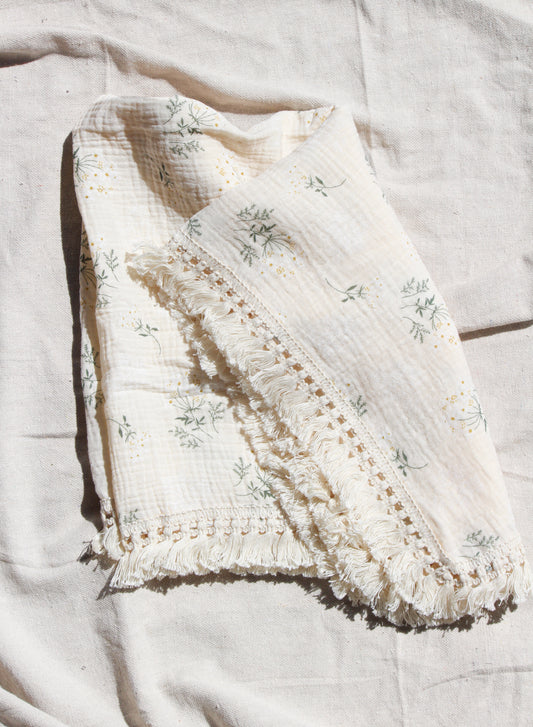 Floral Fringe Muslin Blanket