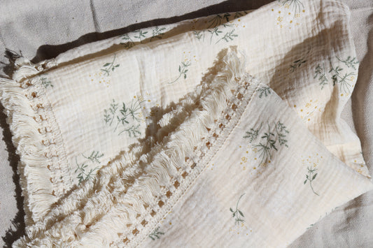 Floral Fringe Muslin Blanket
