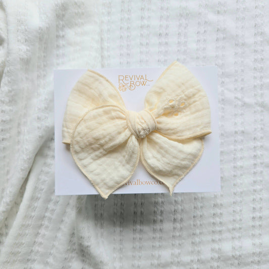 Fable Bow on Clip • Embroidered Cream Gauze
