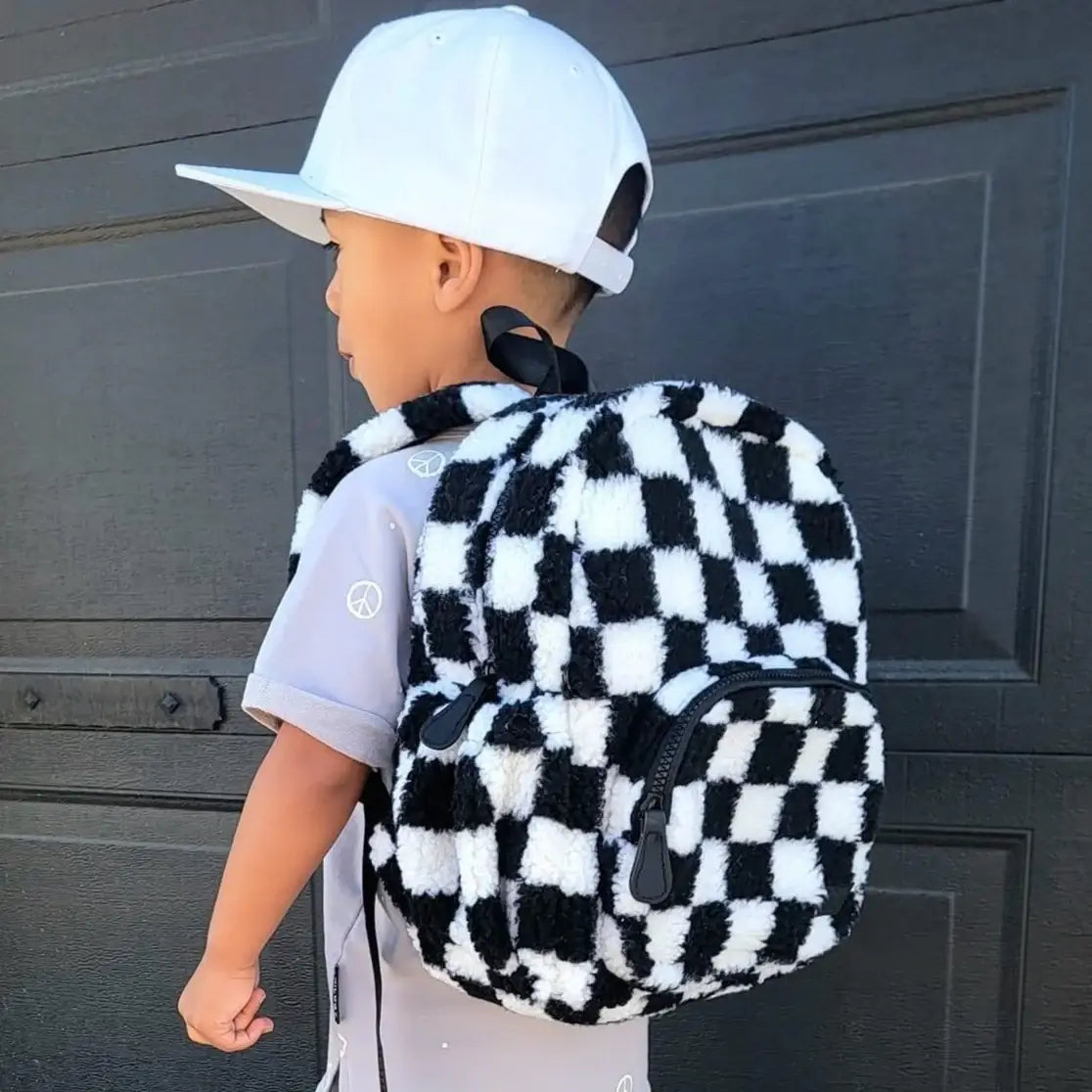 The Aspen Kids Mini Backpack- Sherpa Black and White Check