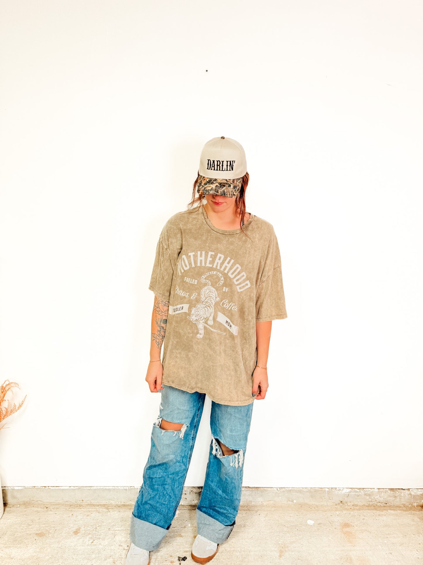 Fueled By Chaos & Coffee Oversized Tee- Cowboy Brown