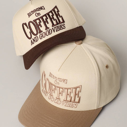 [Pre order ships BY 5/16]  RUNNING ON COFFEE 3D Letter Embroidered Two-Tone Trucker Hat