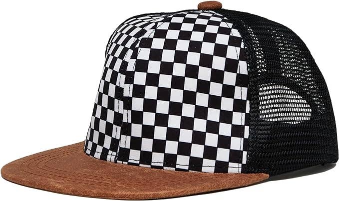 Flat Brim Trucker Hat - Checker/Faux Leather Brim