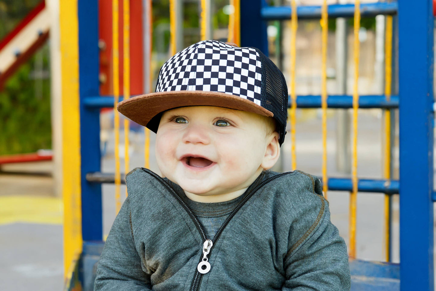 Flat Brim Trucker Hat - Checker/Faux Leather Brim