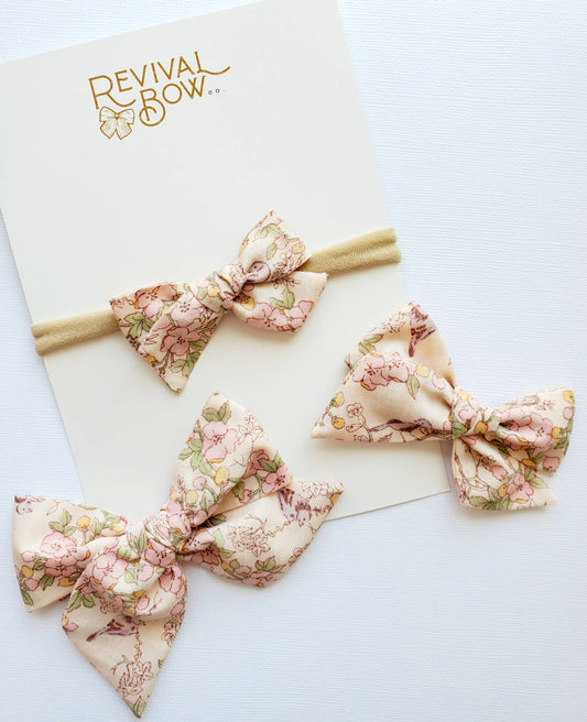 Large Pinwheel Vintage Floral Bow on Alligator Clip